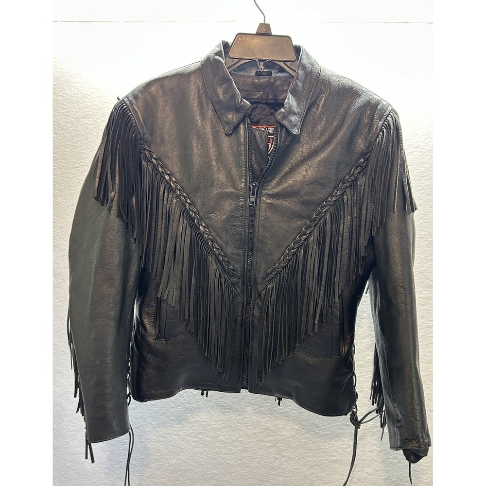 Interstate Classic Leather Womens Black Motorcycle Jacket With Fringe Medium EUC